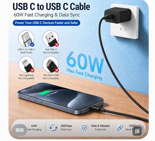 chcela 60W USB C to C Cable 3 Pack 10FT PD 3.0 Fast Charging Cord -Black | Reliable 60W PD 3.0 USB-C cables support fast charging and data sync for iPhone 17, Galaxy S26,MacBook Air/Pro and iPad Pro - Image 2