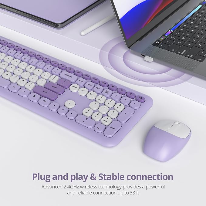 surmen Purple Keyboard and Mouse Wireless, Cute Wireless Typewriter, Full Size Slim Silent Round Keys Aesthetic Keyboard for Home and Office(Colorful Purple) - Image 2