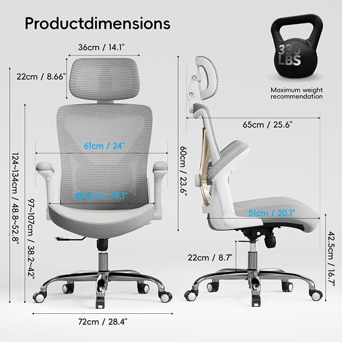Ergonomic Office Chair:Home Office Desk Chairs with Headrest Lumbar Support | Ergalithic Ergonomic Desk Chair X-Shaped Mesh PU Leather Executive Computer Chair High Back Flip-Up Arms for Long Hour(W-G) - Image 3