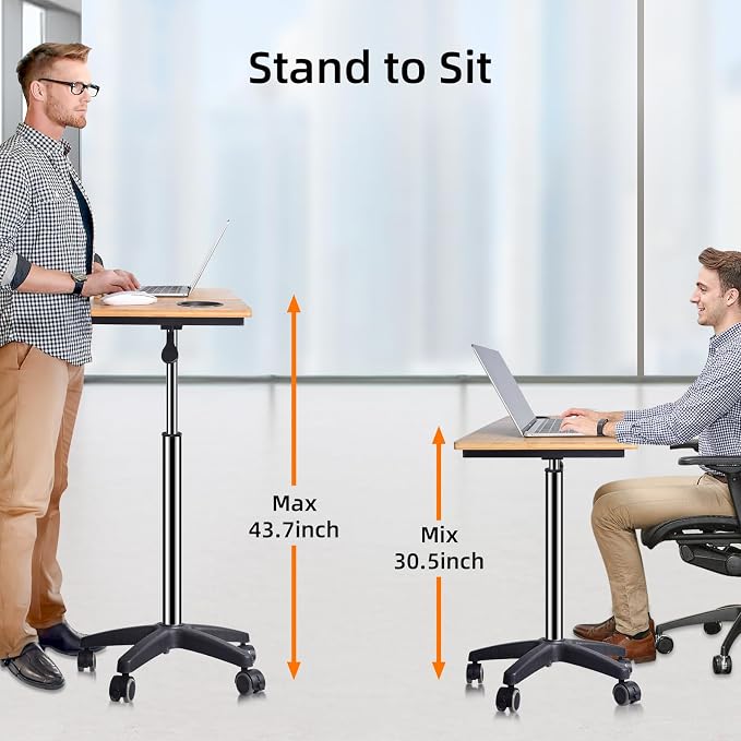 wishacc Rolling Desk Adjustable Height, Mobile Standing Desk on Wheels, Small Portable Sit Stand Laptop Cart, Wood Computer Desk with Cup Holder for Home Office (Extra Large) | XL Bamboo Top, Large Compact Surface, Gas Spring Lifting System, 5-Position... - Image 2