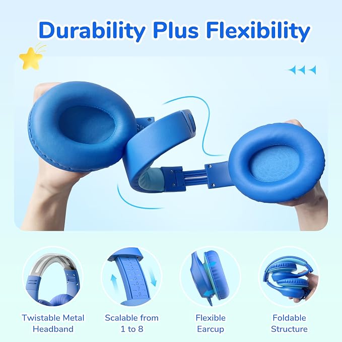 EarFun K3 Kids Headphones, Over Ear Headphones with Microphones, 85/94dB Safe Volume Limit, HD Stereo Sound, 3.5mm Jack, Foldable Wired Headphones for School/Travel/Boys/Girls/Tablet/iPad, Blue | Built-in Mic, 85/94dB Volume Limit, HD Stereo Sound, 3.5... - Image 6
