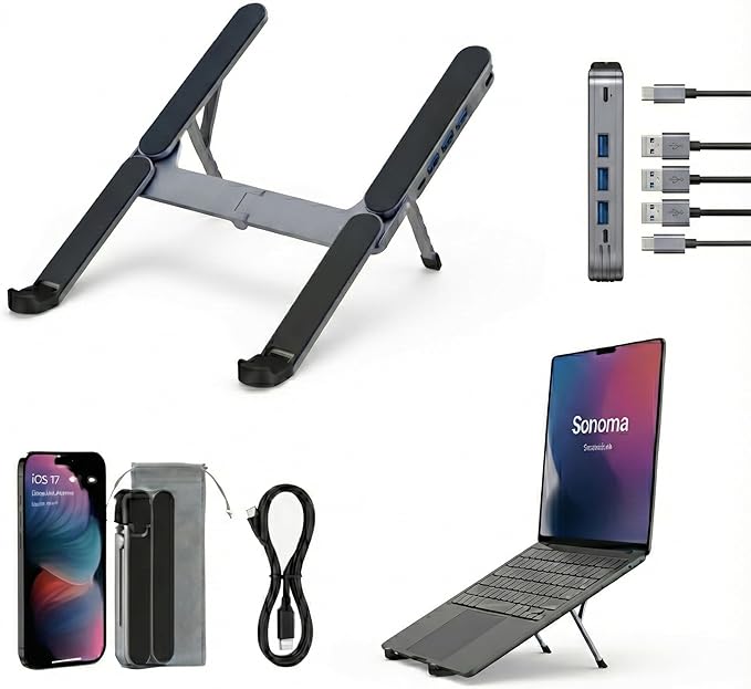 YUATAUY Ultra Compact Laptop Stand with 4 USB Ports, USB Hub for Desk, Foldable Portable for Travel, Library, Home, Office, Cafe, 6-Level Ergonomic Adjustable Aluminum Holder for 10-16" Laptops by YUATAUY