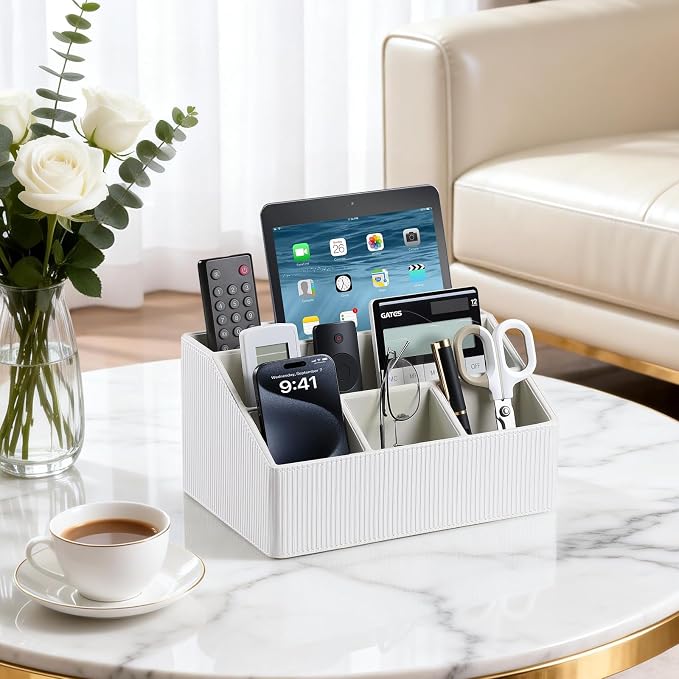 PU Leather Desk Organizer, Remote Control Holder, Ivory | Luxury Nightstand Organizer for Home, Office Desk Accessories, Bedside Table Caddy with 5 Compartments, Velvet Lining - Image 2