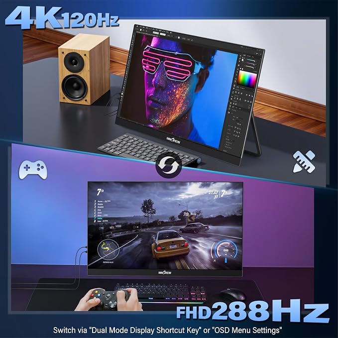 InnoView 27 Inch Monitor Dual Mode 4K UHD 120Hz/FHD 288Hz Larger Monitor, USB-C HDMI Computer Display HDR IPS Gaming Monitor, Kickstand, Speakers, for PC, MAC, Phone, PS4, Xbox, Switch - Image 2