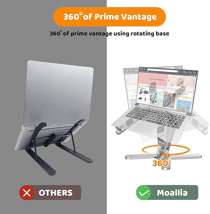 N86 360 Rotating Laptop Stand for Desk with Locking Knobs, Silver | Aluminum Ergonomic Riser Adjustable Height & Angle for Collaborative Work. Foldable Portable Fits MacBook & Laptops up to 16" - Image 3