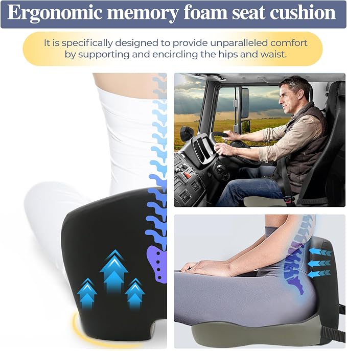 Memory Foam Seat Cushion for Sciatica & Back Pain Relief - Ergonomic Chair Pad with Adjustable Strap & Supportive Comfort Cover, Non-Slip for Car, Truck, Office Chair - Dark Gray&Light Gray - Image 3