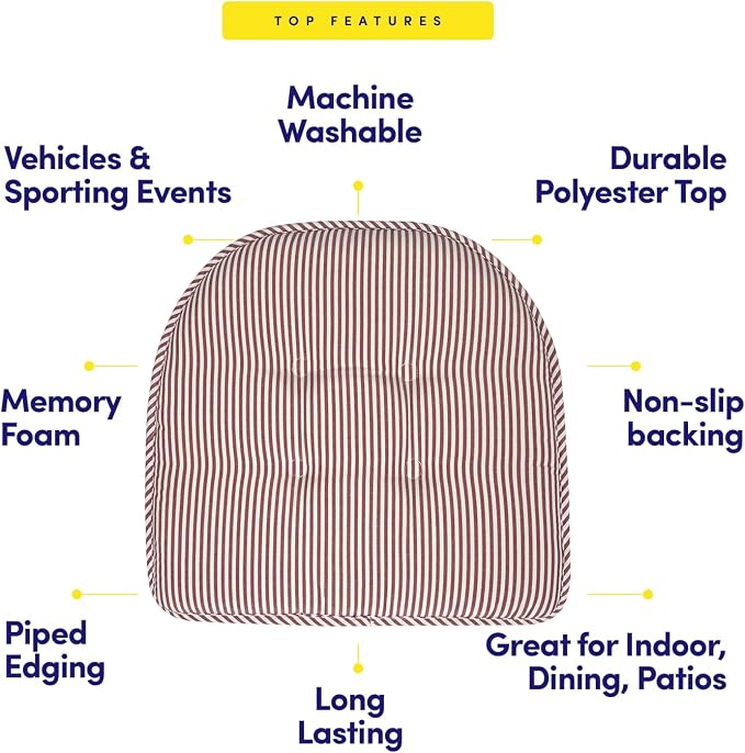 Sweet Home Collection Chair Cushion Memory Foam Pads Tufted Slip Non Skid Rubber Back U-Shaped 17" x 16" Seat Cover, 6 Count (Pack of 1), Pinstripe Burgundy - Image 5