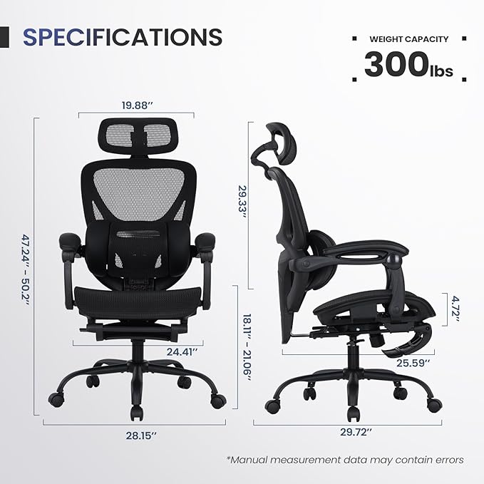 MALOL Ergonomic Mesh Office Chair with Footrest, Executive High Back Computer Desk Chair with 3D Adjustable Headrest & 5-Level Lumbar Support, Reclining Tilt Lock, 3D Arms, 300LBS Capacity, Black - Image 3