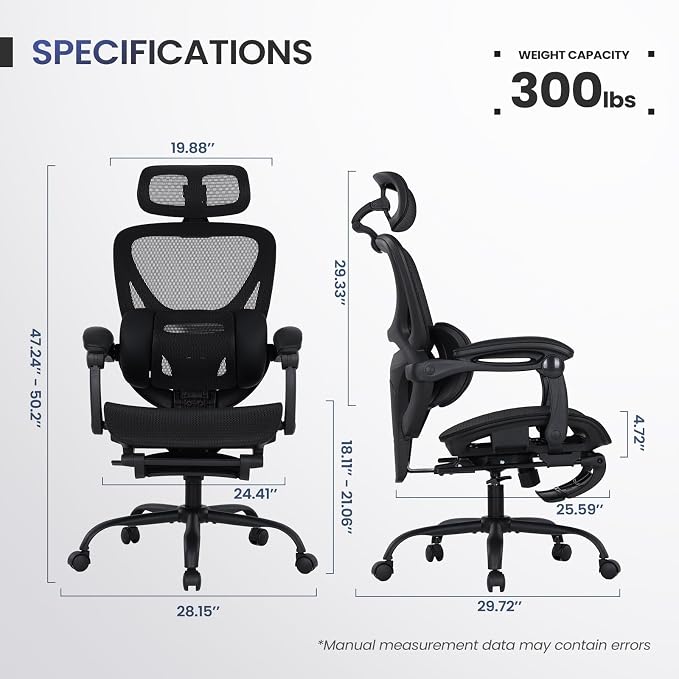 MALOL Ergonomic Mesh Office Chair with Footrest, Executive High Back Computer Desk Chair with 3D Adjustable Headrest & 5-Level Lumbar Support, Tilt Lock, 3D Arms, 300LBS, Z-Black - Image 2