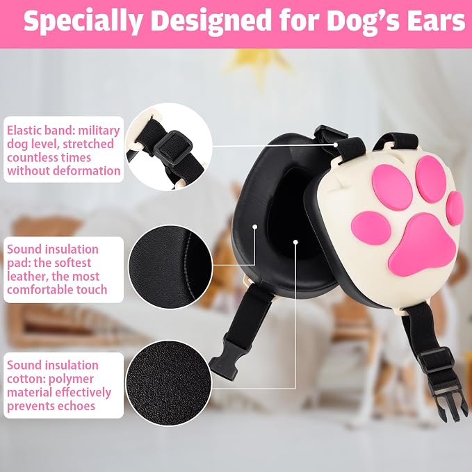 Dog Ear Muffs Noise Protection - 32dB NRR Noise Cancelling Headphones | Upgraded Calming Earmuffs for Hearing Protection, Thunder, Fireworks & Hunting with Dog Paw Design (S, White-Pink) - Image 3