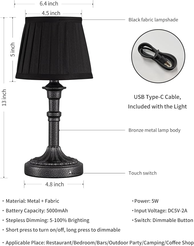 KDG Mottled Silver Cordless Table Lamps Set of 2, Black Fabric Shade Light | 2700K Stepless Dimmable 4000mAh Battery Powered Portables Small Desk Lamp, LED Lighting for Living Room, Dining Room, Bedroom - Image 5