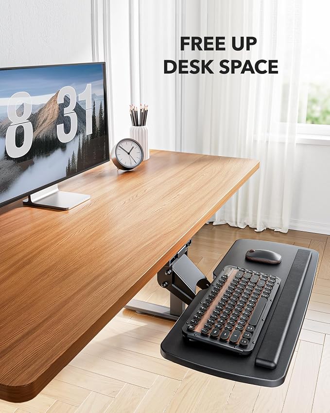 HUANUO Under Desk Keyboard Tray, 360 Degree Adjustable Mouse Platform | 25 x 9.84 inch tray, wrist rest, 6.3 inch height adjustment, slide-out design, tilt and swivel for typing comfort - Image 5
