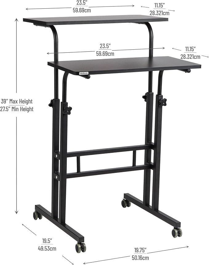 Mind Reader Standing Desk, Adjustable Height Laptop Workstation, Portable Rolling Desk on Wheels, Two-Tier Metal Frame, Black - Image 3