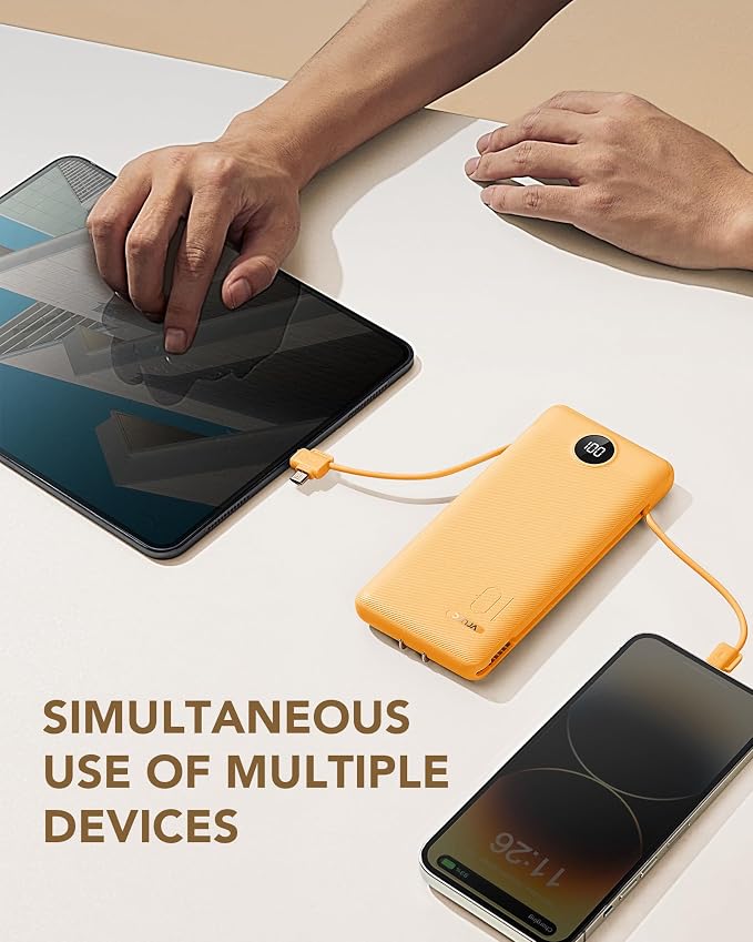 VRURC Portable Charger, Power Bank Built-in Cables and AC Wall Plug | USB C Power Bank 10000mAh Travel Essentials Phone Charger Compact External Battery Pack For Smart Phones, Tablets etc-Orange - Image 6