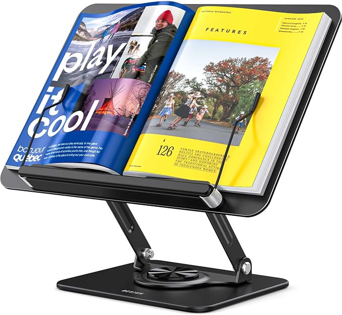 BESIGN BS02 Book Stand for Reading, Adjustable Book Holder, Ergonomic Laptop Stand, Cookbook Stand, Recipe Book Holder with Elastic Page Clips for Music Scores, Recipe, Tablet by BESIGN