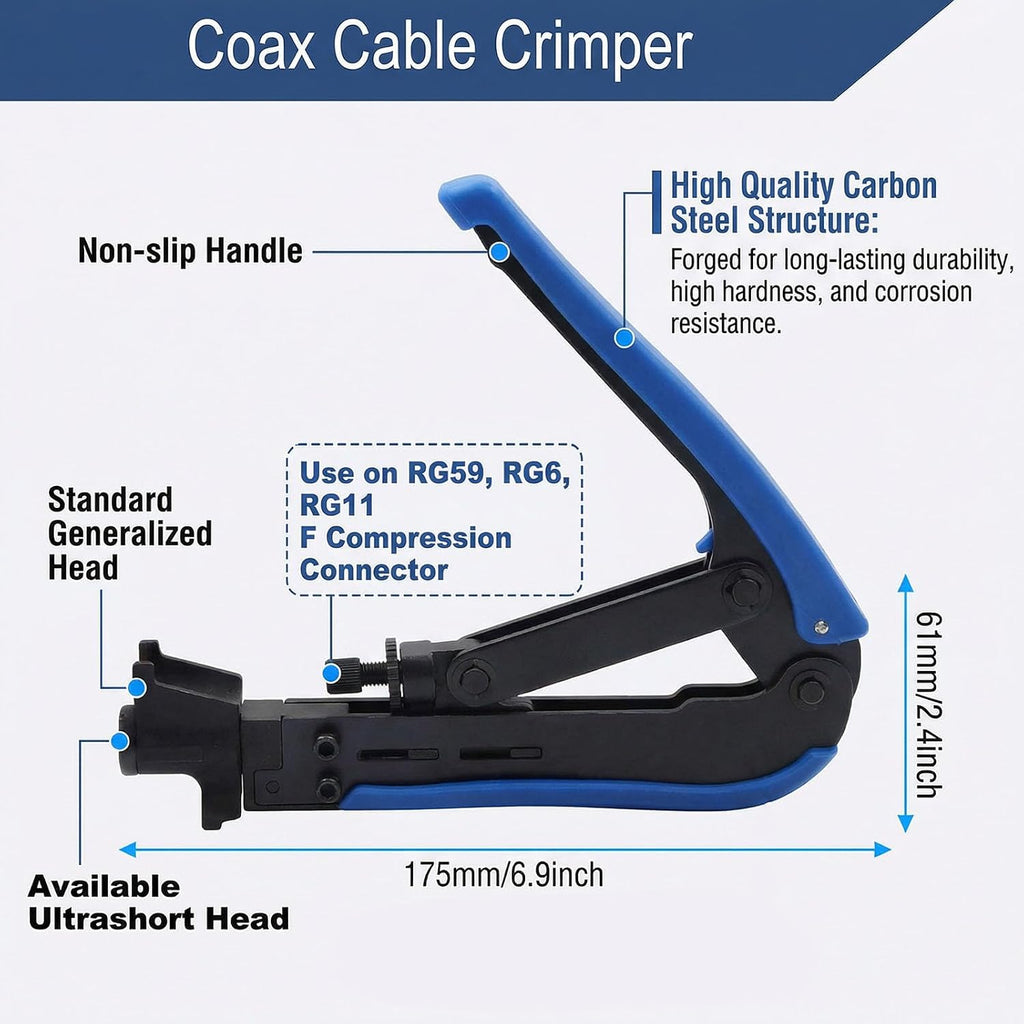 Professional Coax Cable Crimper Kit – RG6/RG59/RG11 Compression Tool with Wire Stripper, 50-Pack F-Type Connectors & Storage Bag – Coaxial Cable Tool Set for TV, Satellite, CCTV & Home Network - Image 2