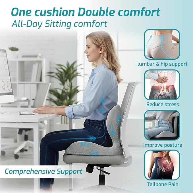 Ergonomic Seat Cushion,Office Chair Cushion with Lumbar Support Pillow | Improve Seat Comfort,Back Pain,Tailbone & Sciatica Relief,Memory Foam Seat Cushions for Office,Car,Home Chairs - Image 2