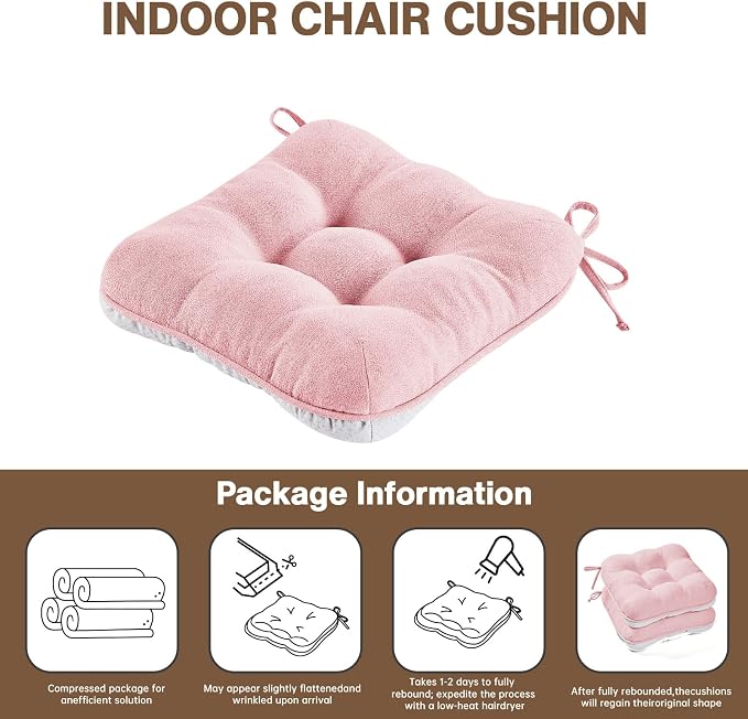 BETU Pink Chair Cushions for Dining Chairs Set of 4,3.5" Thick Kitchen Table Chair Pads with Ties,Non Slip Backing and Covers, Seat Cushion for Dining Room,Bar,Patio Chairs,15.5"X15.5"X3.5",Pink - Image 9