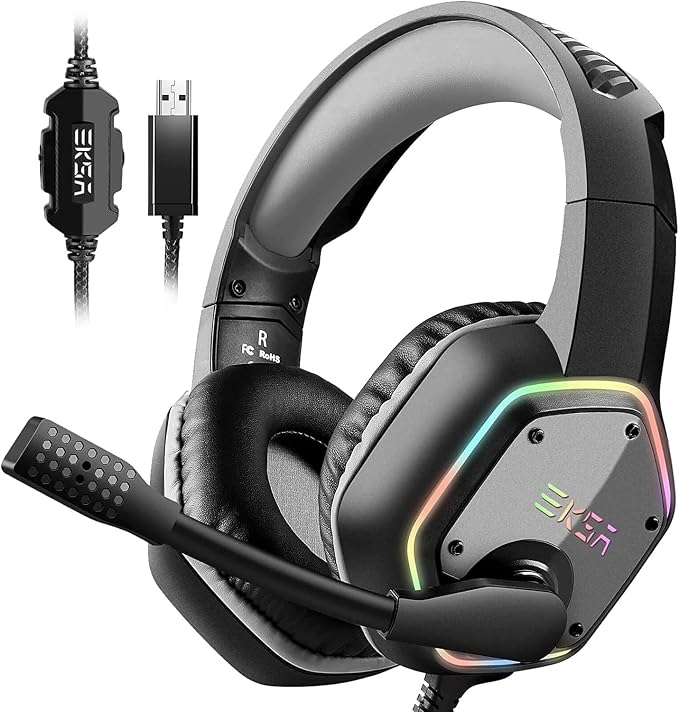 EKSA E1000 USB PC Gaming Headset with Mic, 7.1 Surround Sound | Computer Headphones with Microphone Noise Cancelling, RGB Light, Wired Headphones for PS4, PS5 Console, Laptop, Call Center by EKSA
