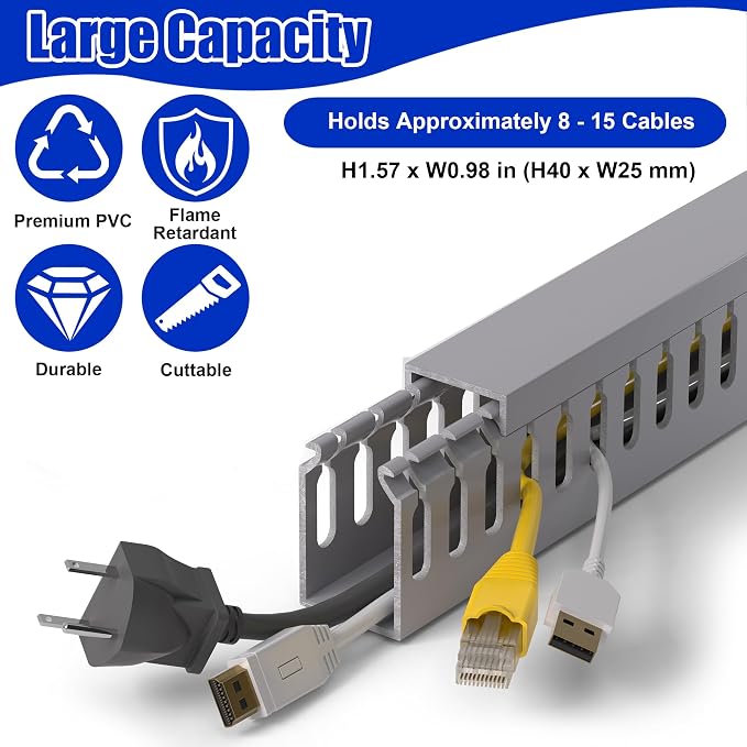 1.6" H x 1" W Cable Raceway, 132in Under Desk Wire Management Channel, Grey | Slotted Wire Duct, 8Pack, 16.5in Each, Heavy-Duty PVC Cable Management for Server Racks, Network Cables & Electrical Cabinets - Image 4