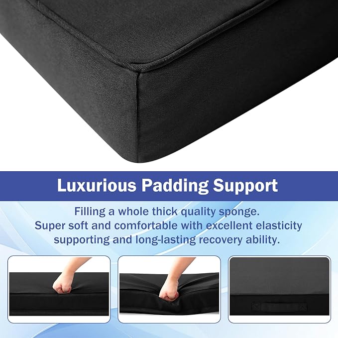 IASEAHK Patio Chair Cushions, 19" x 19" x 3" Outdoor Chair Cushions Set of 4, Waterproof Outdoor Cushions for Patio Furniture, Outdoors Seat Cushions with Handle and Ties, Black - Image 4