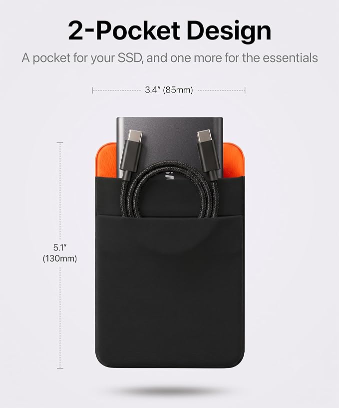 2-Pocket SSD & Hard Drive Holder for Laptop, Reusable 3M Adhesive | Stick-On Sleeve for Portable SSDs | 5.1 x 3.4-Inch Pouch | Separate Pocket for Cables | Built-In Safety Strap - Image 2