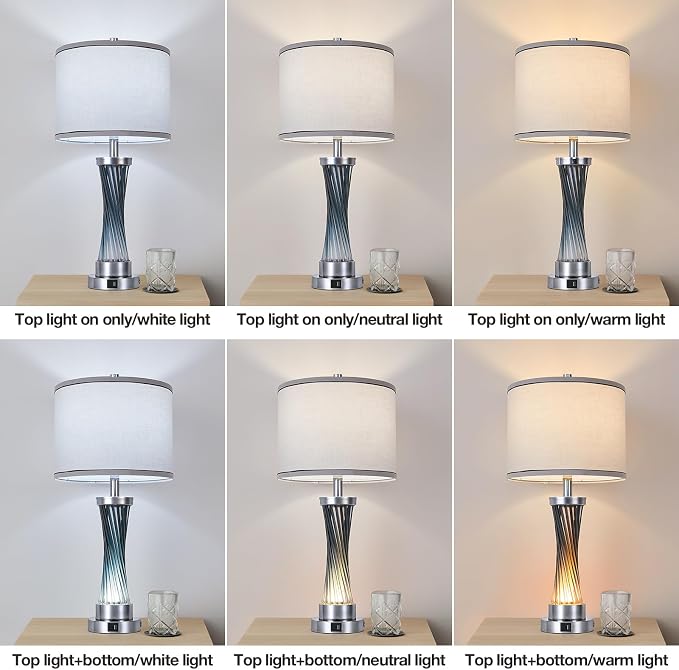 3-Way Dimmable Table Lamp Set of 2,Touch Control Lamp with Night Light,Modern Blue Crystal Table Lamps for Bedroom,Living Room，Bedside Lamps with USB A+C Ports，Fabric Lampshade(Blubs Included) - Image 3