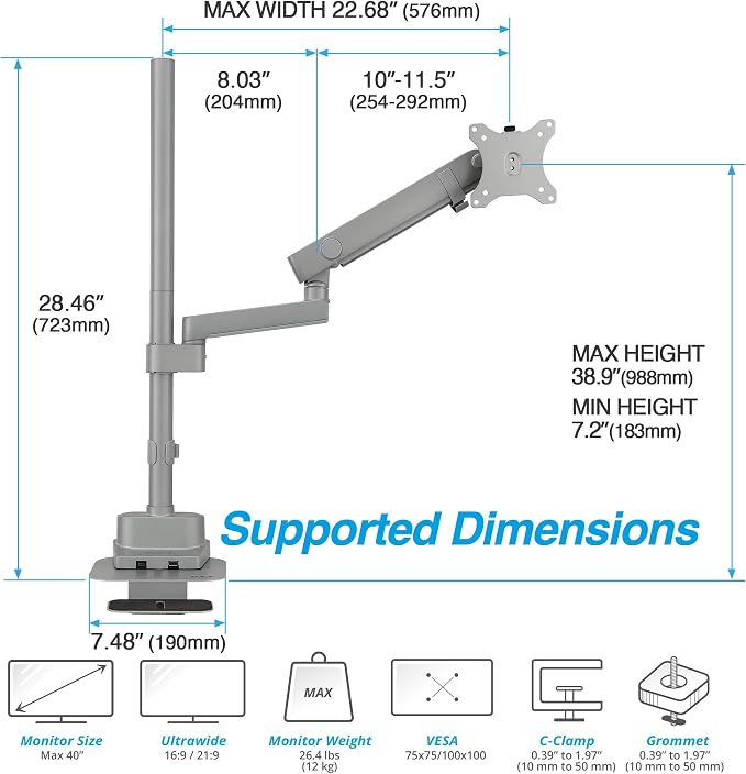 AVLT Single 40 Inch Monitor Arm Pole Top Mount with USB-C&A Ports - Gray | Supports 26.4 lbs (12kg), Ultrawide screen fit, VESA Compatible, Tilt, Swivel, Rotate, Ergonomic adjustable height, Durable - Image 3