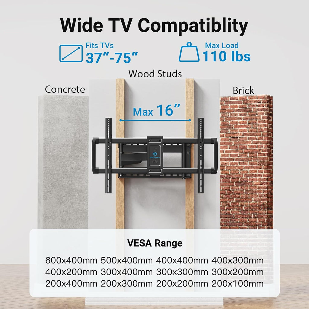 PERLESMITH Long Arm Corner TV Wall Mount for 37–75 inch TVs up to 110 lbs - Image 2