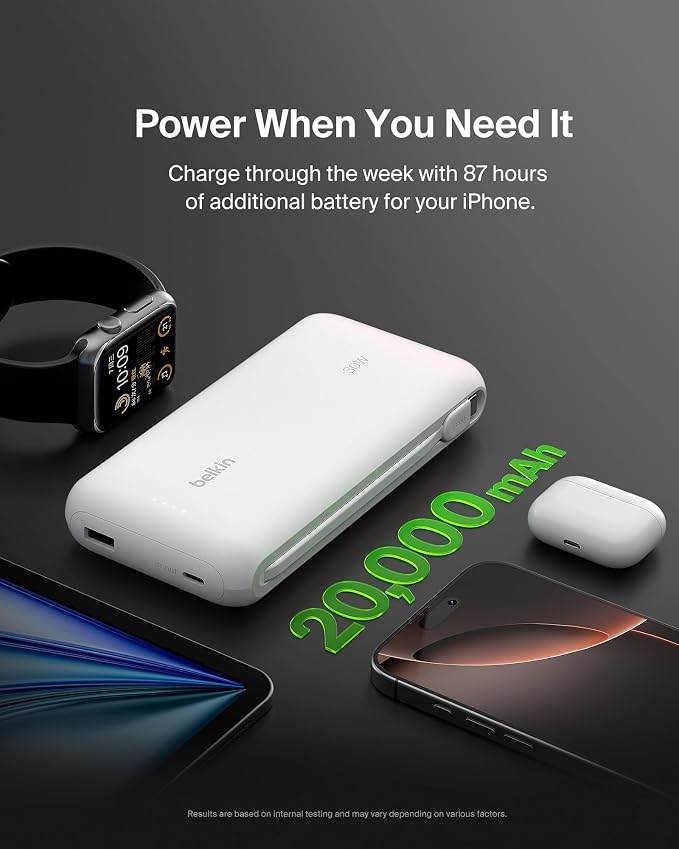 Belkin 20000mAh 30W USB C Power Bank, Portable Charger for iPhone & iPad | Fast Charging, Integrated USB C Cable, Eatra USB C Port, iPhone 17, iPad, Samsung Galaxy S26, Charge 2 Devices - Image 7