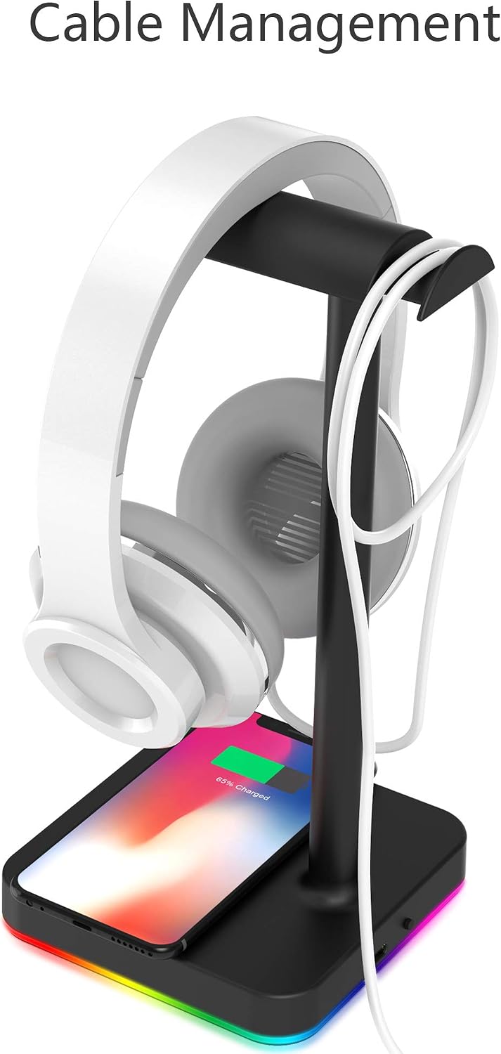 KAFRI RGB Headphone Stand with Wireless Charger Desk Gaming Headset Holder Hanger Rack with 10W/7.5W QI Charging Pad and QC 3.0 USB Port - Suitable for Gamer Desktop Table Game Earphone Accessories - Image 5
