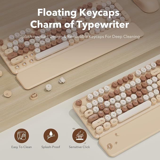 Wireless Keyboard and Mouse Combo, Round Keycaps, Full-Size Retro Typewriter-Style Keyboard with Magnetic Wrist Rest, Tilt Legs, 2.4GHz Cordless for Mac, Windows PC, Laptop, SABLUTE CK23, Latte Beige | Full-Size Retro Typewriter-Style Keyboard, Tilt Le... - Image 4