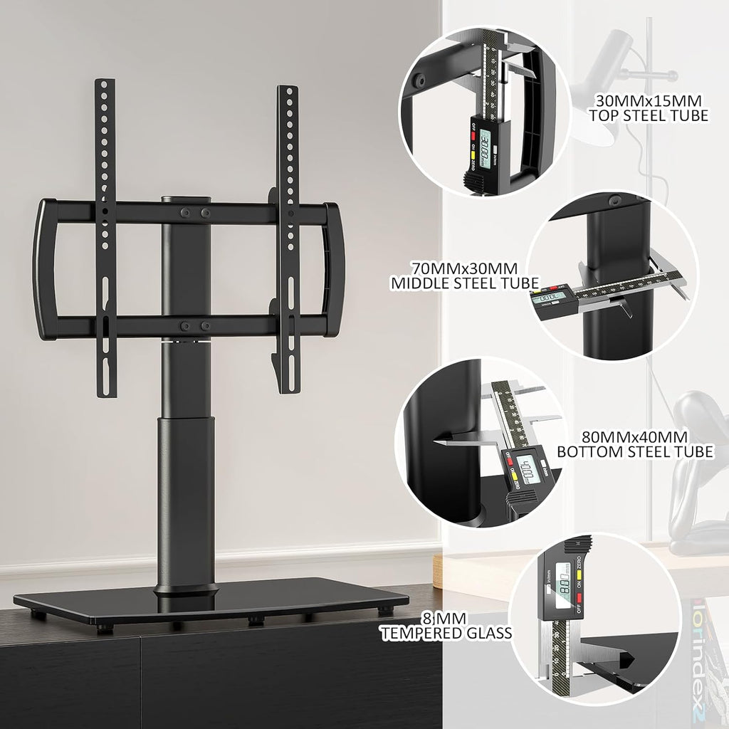 Universal Swivel/Table Top TV Stand 27 to 60 inch TVs 80 Degree Swivel, 4 Level Height Adjustable, Heavy Duty Tempered Glass Base, Holds up to 99lbs Screens, HT04B-001 - Image 7