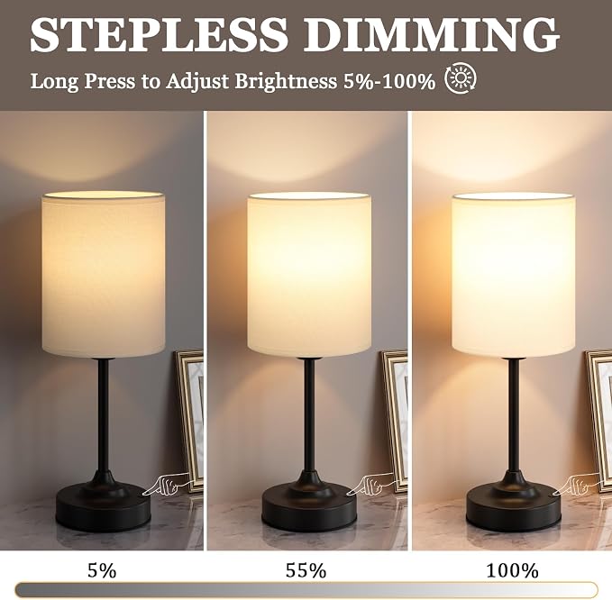 Touch Control Cordlss Table Lamp, USB-C Rechargeable Lamp with Stepless Dimming, 4000mAh Battery Operated Bedside Lamp for Bedroom, Living Room, Night Light & Emergency Lighting, Black, 2 Pack - Image 2