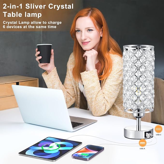 Crystal Table Lamp, 3 Way Dimmable Touch Lamps for Night Stands, Sliver | Crystal Table Lamp with Touch Control, Bedroom Light for Nightstand,Sliver - Image 3