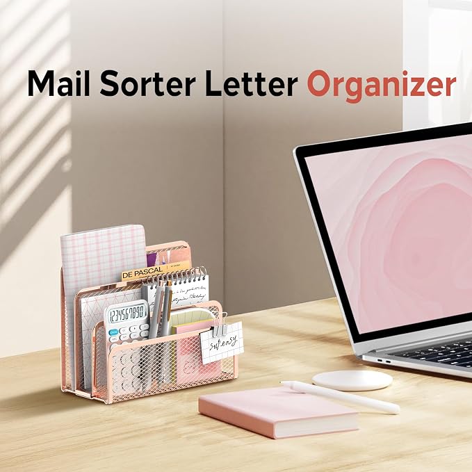 Mail Organizer Countertop for Desk, Mail File Holder with 3-Slot, Rose Gold | Metal Mesh Mail Sorter for Letters, Envelopes, Bills, and Files for Home Offices, Classroom Organization - Image 8