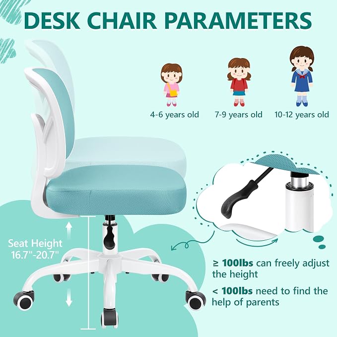 Kids Desk Chair, Pink Study Chair for Boys Girls with Height Adjustable, Swivel Mesh Task Student Chairs for 4-12, Growing Teen Office Chair for Home/School/Office (Teal) - Image 3