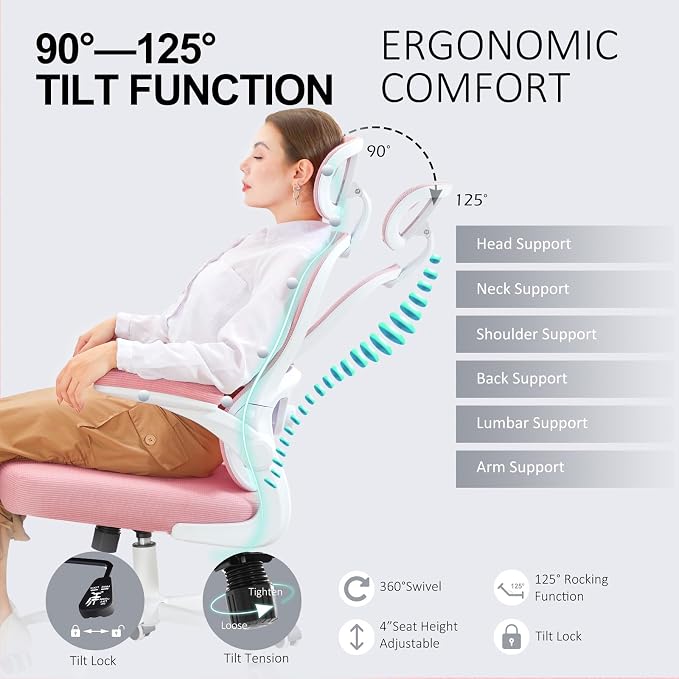 Ergonomic Office Chair,Ultra Thick Spring Cushion Desk Chair,Pink | Adjustable Lumbar Support and Headrest,Flip-up Arms,Rocking Function,Mesh Home Office Computer Chair - Image 6