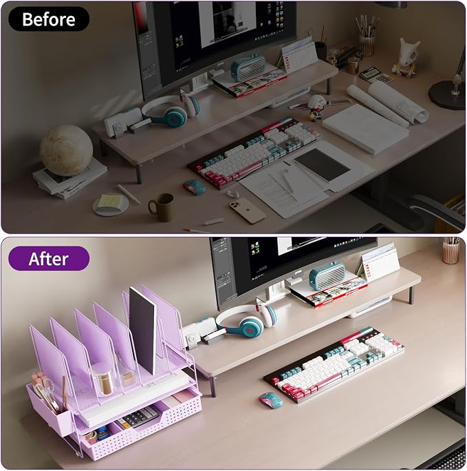 LEKETREE Desk Organizer, Office Organization with Vertical File Holder, File Organizer with Drawer and Pen Holder, Desk Accessories and Workspace Organizers for Home Office (Purple) - Image 4