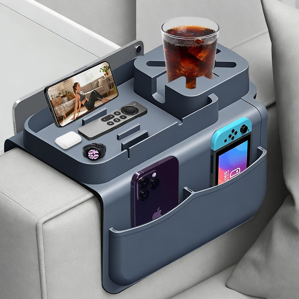 Silicone Couch Cup Holder Tray with Tablet & Phone Stand, Anti-Slip Sofa Arm Organizer with Dual Side Pockets for Remotes, Snacks, Headphones, Glasses, Drinks (Gray) by Lebreary