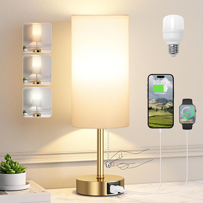Gold Bedside Lamp for Bedroom Nightstand - Small Table Lamp with USB Ports | USB A+C Ports, 3 Color Temperatures, LED Bulb Included, White Fabric Shade, Gold Brass Metal Base, 14" Tall Desk Lamp - Image 8