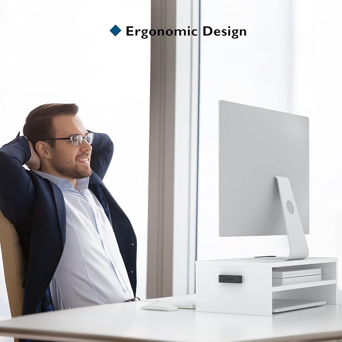 BONTEC Wooden Monitor Stand Riser for Desk, 2-Tier Computer Monitor Stand | 66 lbs Desk Shelf Organizer with Storage, Laptop & Printer Stand with Phone Holder and Cable Management, White, 16.5 Inch - Image 2
