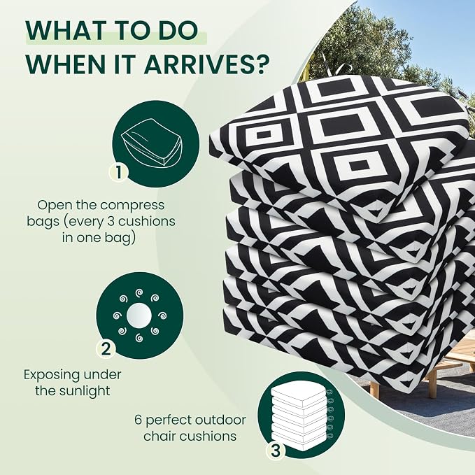 HARBOREST Outdoor Chair Cushions Set of 6, Water Resistant Patio Chair Cushions with Ties, Outdoor Seat Cushions for Patio Furniture, 17"x16"x2", Black/White Diamond - Image 5