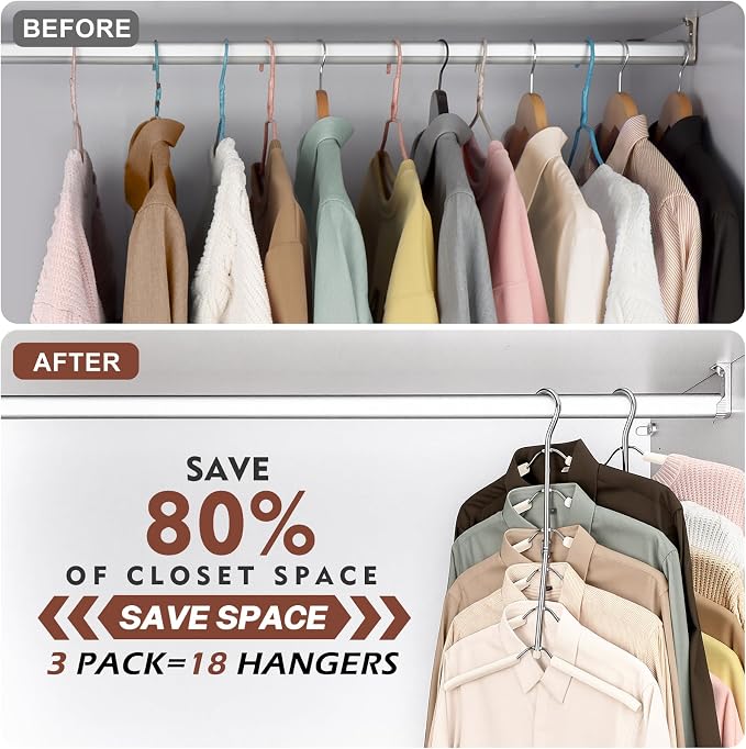 Space Saving Clothes Hangers,6 Tier Non Slip Shirt Hangers Closet Organizer | Space Saving Coat Hanger with Foam Padding,Closet Organizers and Storage for Shirts, Sweaters, Jackets, 3 Pack,Beige - Image 6
