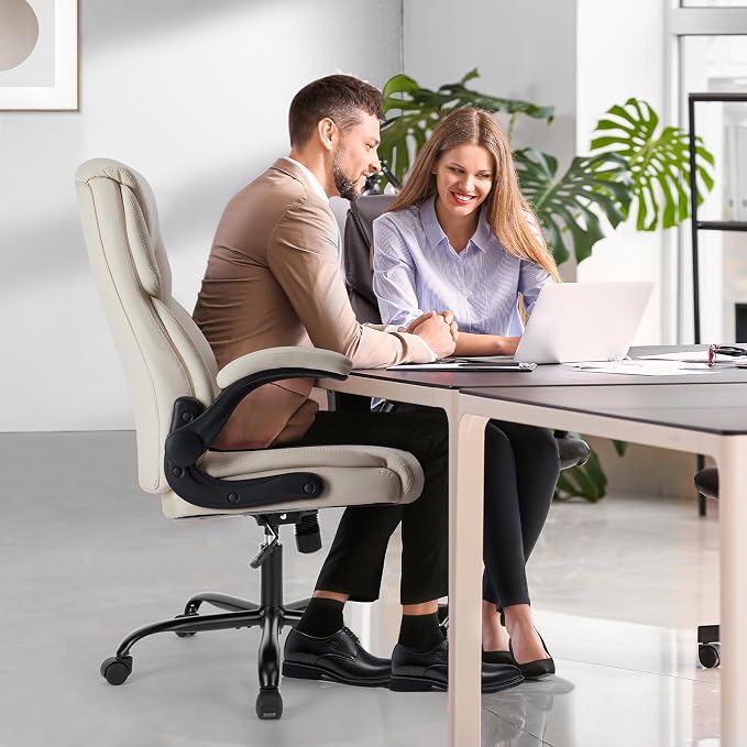 OLIXIS PU Leather Desk Chair, Ergonomic Office Chair, Flip-up Armrest | High Back, Swivel Rolling Wheels, Heavy Duty, 275lbs,Comfortable,Executive, White - Image 7