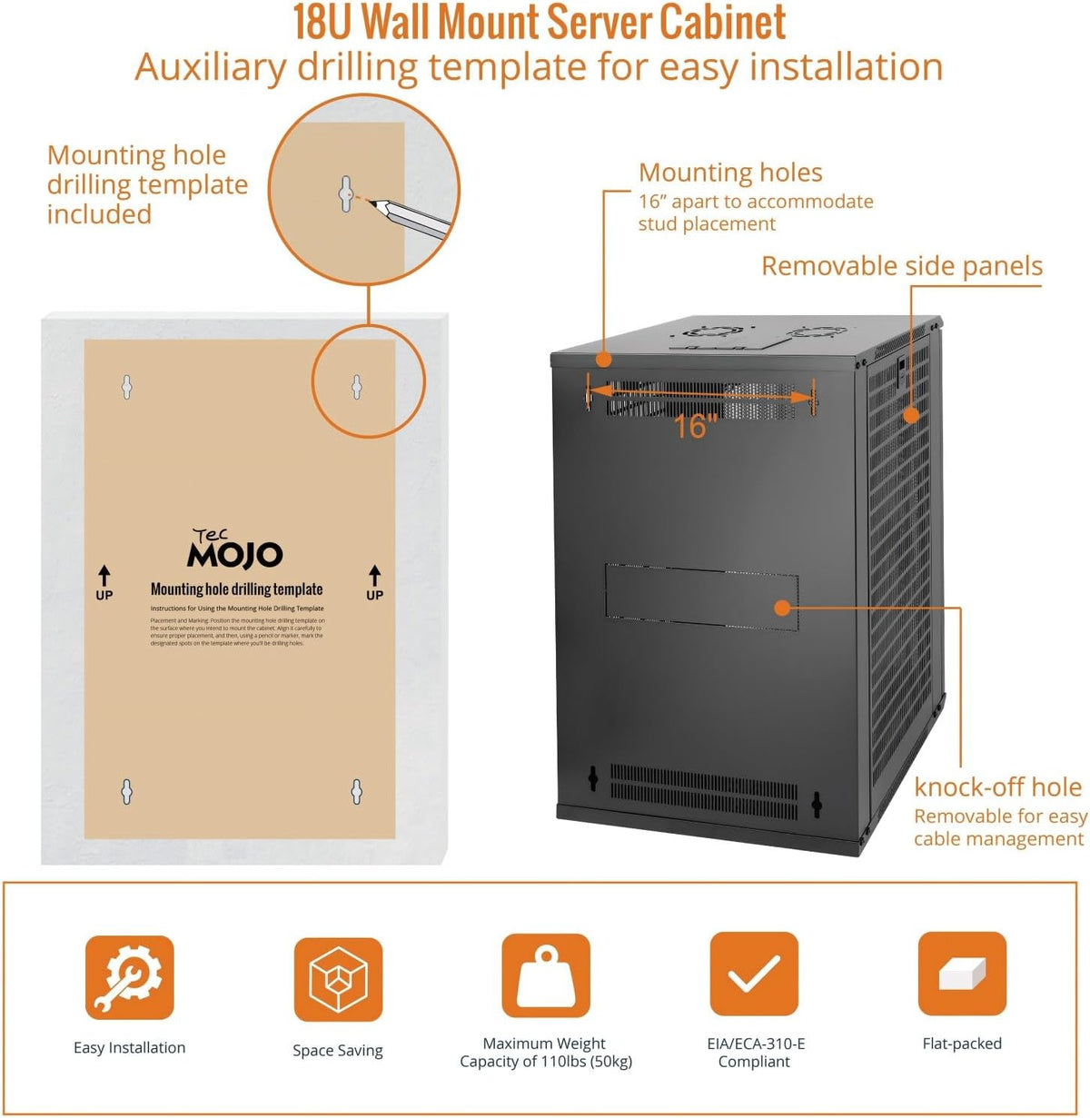 Tecmojo 18U Wall Mount Rack Network Cabinet for 19" IT Equipment,with Lockable Mesh Door and Side Panels,Cooling Fan,Black,17.7inch Depth for AV/Computer/Electronics Equipment Data Rack - Image 5