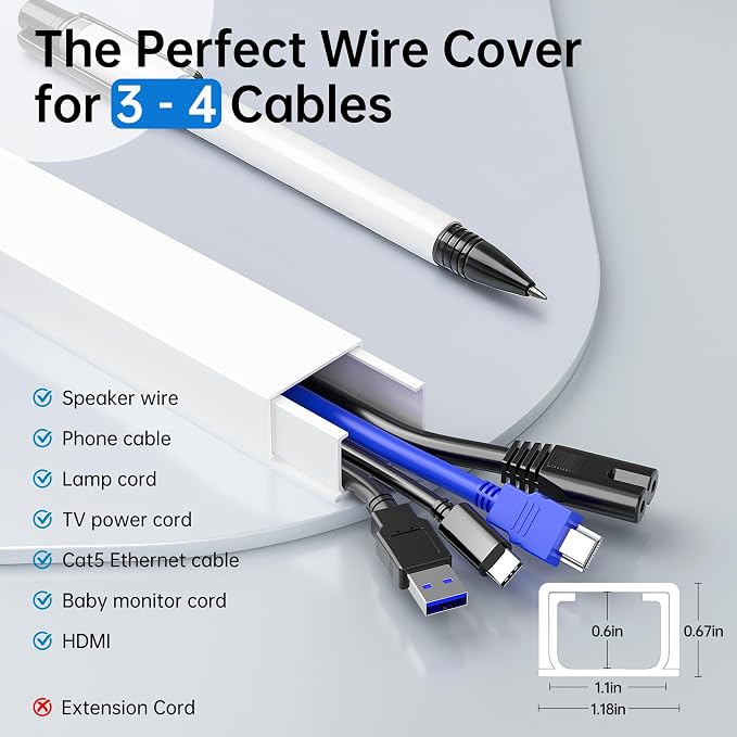 Delamu Cable Hider, 315in Cord Covers for Wires on Wall, One-Cord Cord Hider, Paintable Wire Hiders Wire Covers for Cords, Cable Management for Hiding 3-4 Wires, 20x L15.7 W1.18 H0.60in, White - Image 2