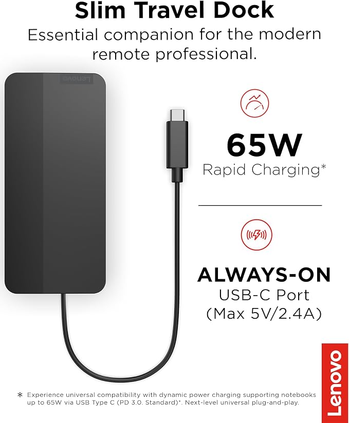 Lenovo USB-C Slim Travel Dock, 8 Ports, Up to 65W PD Pass Through, Integrated USB-C Cable, 4K Display Support, Black - Image 2