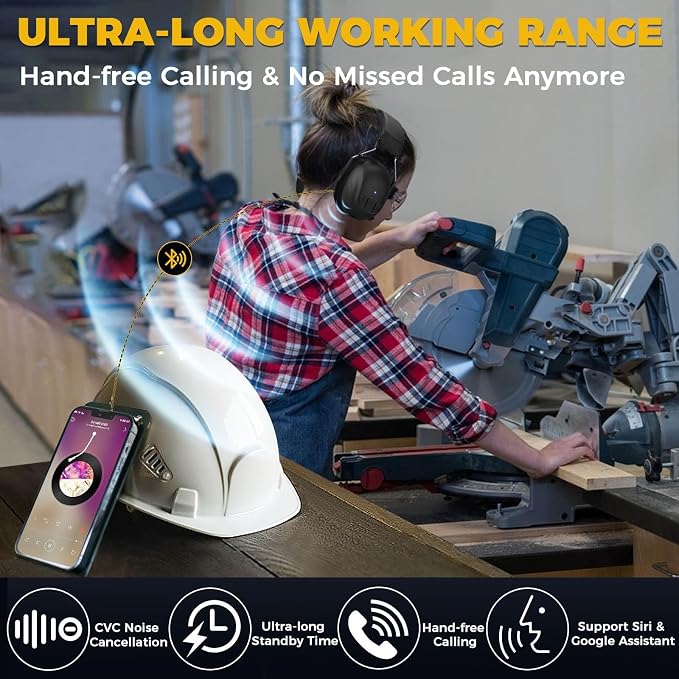 Kalence Gel Ear Pads Bluetooth 5.4 Hearing Protection Headphones, 30dB Noise Cancelling Headphones, 1200mAh Rechargeable Safety Earmuffs Bluetooth Ear Protection for Mowing - Image 8