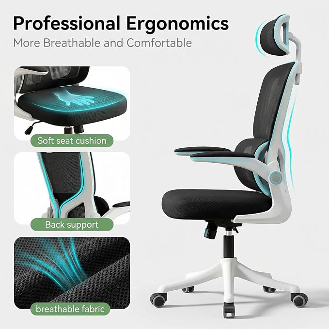 Ergonomic Office Chair with Dynamic Lumbar Support & Adjustable Headrest – High Back Desk Chair with 90° Flip-up Arms, Comfort Mesh Computer Chair for Home Office Long Hours Sitting,Black - Image 6